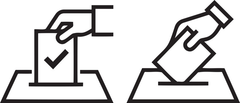 Minimalist vector illustration showing a hand placing a paper ballot into a voting box for a democratic election process graphic