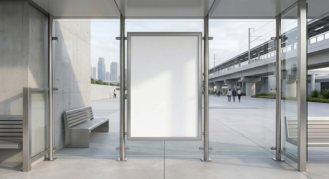 A large white billboard stands under a modern bus shelter with benches on a city street with people walking by.