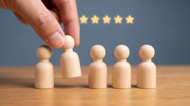 Hand placing wooden figure near others with five stars rating concept for outstanding customer service excellence and employee performance evaluation in a professional corporate business environment