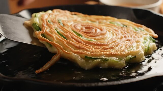 Sizzling Korean Scallion Pancake (Pajeon) Frying in Cast Iron Skillet, Spiral Pattern, Close-Up