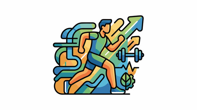 Animated runner with upward arrows weights and abstract shapes