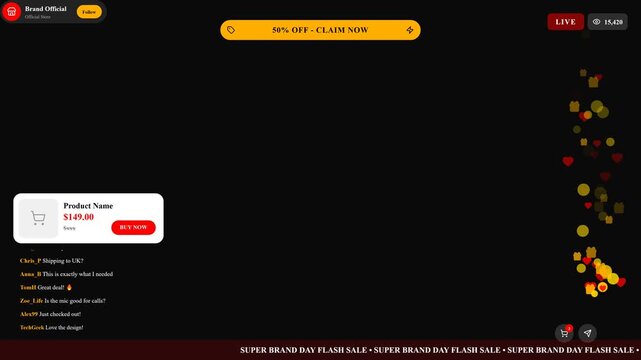 E-commerce live stream shopping interface with product card animated emoji reactions scrolling ticker and chat overlay for digital broadcast.