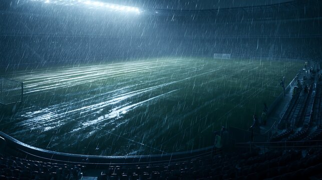 empty soccer stadium on a rainy night with lights on