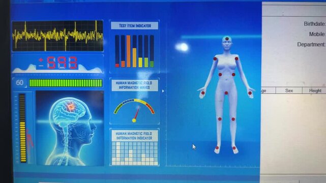 A practitioner uses bioresonance device to scan body&rsquo;s energy fields for holistic health evaluation.