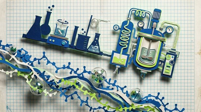 Surreal mixed-media collage of polymer chemistry with translucent spheres, cut-paper molecular chains, a magnetic stirrer, beaker silhouettes, and a reactor vessel floating over gridded graph-paper