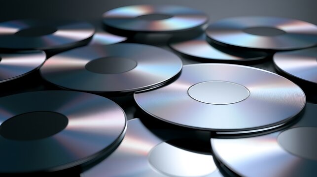 Collection of shiny compact discs on a dark background
