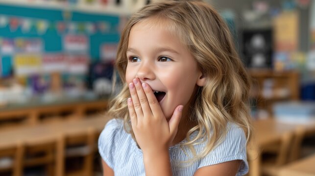 Happy little kid covering mouth with hand, learning in a school setting
