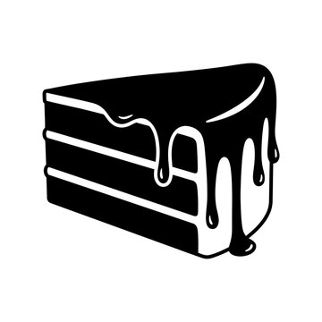 Minimalist chocolate cake slice vector, black and white layered cake icon with dripping glaze, sweet dessert illustration for bakery menus isolated on White Background