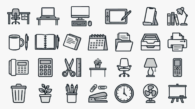 Modern Black and White Line Icons Set of Office and Study Essentials for Digital Design and SEO Content