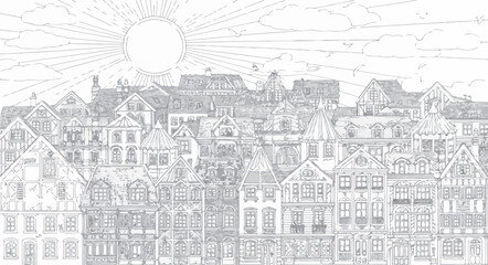 Obraz premium Panoramic View of Historic European Town: A detailed line drawing captures the intricate architecture of an old European town, with rows of traditional buildings stretching towards a sunburst sky.