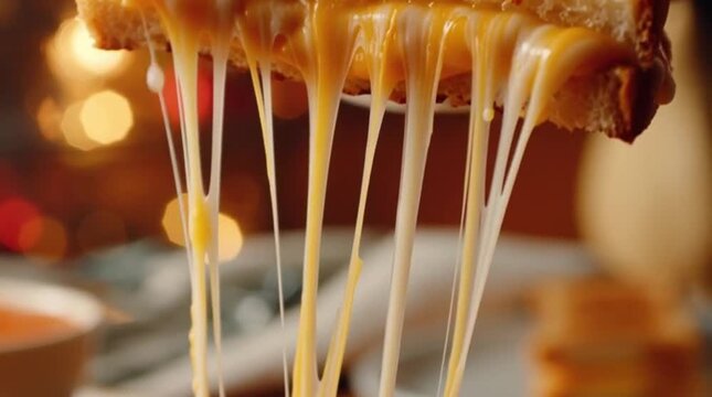 Melted cheese stretches from grilled sandwich.