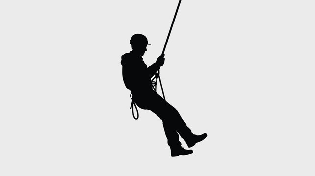 Industrial worker performs a high-altitude rappelling maneuver while suspended against a neutral white background.