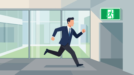 Fototapeta premium Businessman running toward emergency exit sign in modern office building 