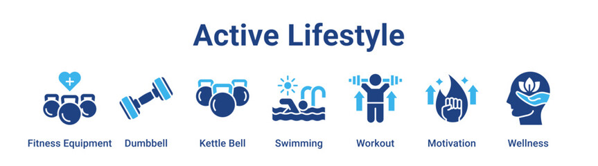 Fototapeta premium Active Lifestyle web banner icon vector illustration concept for sport with icon of Fitness Equipment, Dumbbell, Kettle Bell, Swimming, Workout.