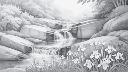 Fototapeta premium Serene Waterfall Oasis: A black and white sketch captures a tranquil cascade flowing over moss-covered rocks, surrounded by lush foliage and delicate iris flowers.