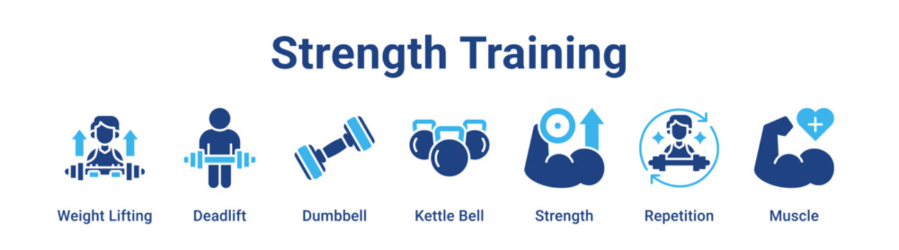 Strength Training web banner icon vector illustration concept for sport with icon of Weight Lifting, Deadlift, Dumbbell, Kettle Bell, Strength.