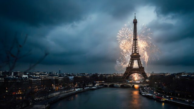 Eiffel tower illuminated at night with city lights