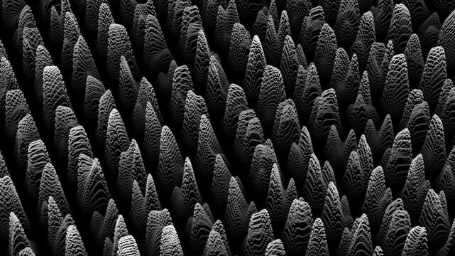 Abstract monochrome organic surface with flowing textured peaks and repeating geometric forms. Procedural motion background featuring a dynamic landscape pattern, ideal for modern design, futuristic 