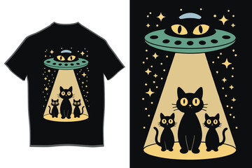 Funny UFO Alien Abduction of Black Cats Spaceship Vector T-Shirt Graphic © Moriom Aktar Anisa