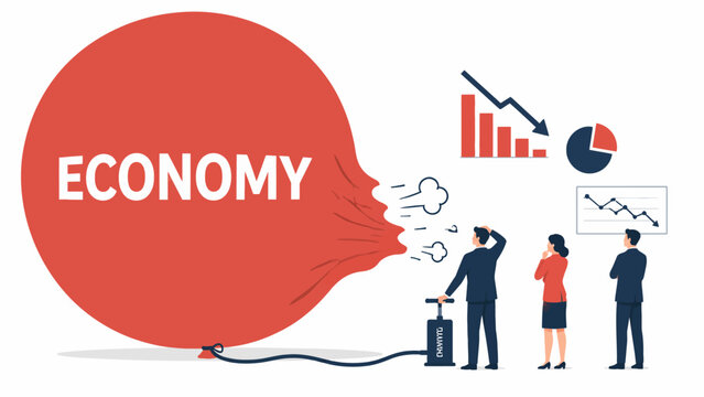 Businesspeople trying to save a deflating economy balloon representing financial crisis and recession concept