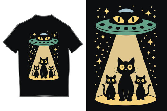 Funny UFO Alien Abduction of Black Cats Spaceship Vector T-Shirt Graphic