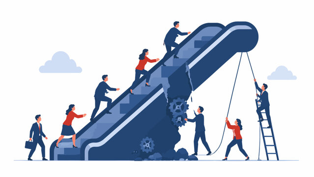 Business team working together to climb a broken escalator, conceptual illustration of career growth and overcoming obstacles