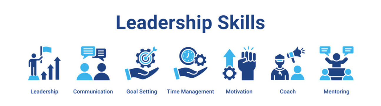 Leadership Skills web banner icon vector illustration concept for business with icon of Leadership, Communication, Goal Setting, Time Management, Motivation.