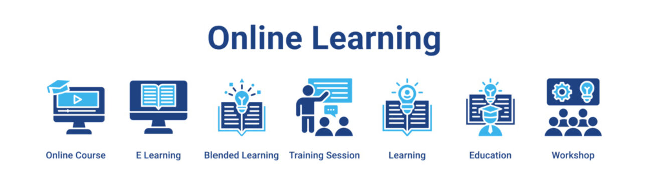 Online Learning web banner icon vector illustration concept for business with icon of Online Course, E Learning, Blended Learning, Training Session, Learning.
