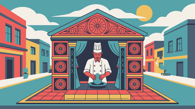 Chef prepares food inside a miniature stylized building surrounded by colorful urban houses.