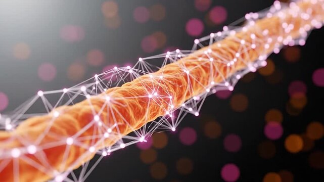 3D render of orange nerve fiber with glowing digital mesh for biotech
