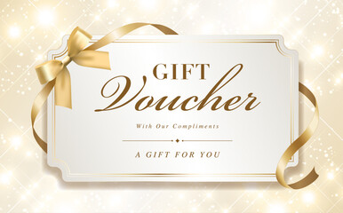 Fototapeta premium Elegant Gift Voucher Template with Gold Ribbon on a Sparkling Background