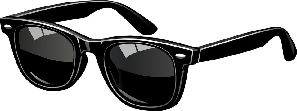 Classic black sunglasses vector illustration, retro wayfarer eyewear icon with glossy lens reflection isolated for summer fashion design.