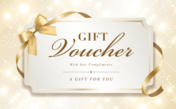 Elegant Gift Voucher Template with Gold Ribbon on a Sparkling Background
