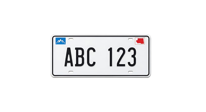 Isolated rectangular vehicle license plate with alphanumeric characters on a clean white background