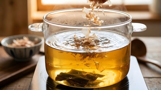 Adding katsuobushi bonito flakes into boiling dashi broth with kombu kelp in clear glass pot