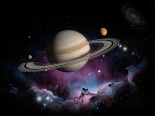 Naklejka premium Saturn planet with rings in deep space nebula background