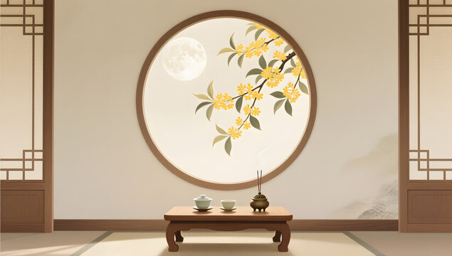 Osmanthus round window chinese interior background