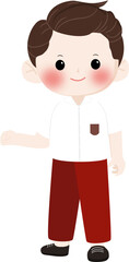 Obraz premium Happy Indonesian Elementary School Boy Wearing Red and White Uniform with Backpack, Smiling Student Character Illustration Isolated on Transparent Background