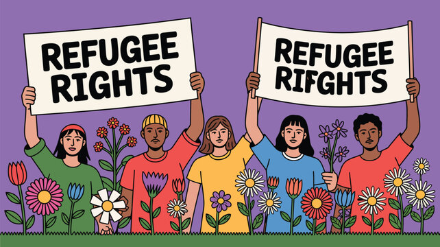 Activists holding signs advocating for refugee rights stand together in a field of colorful flowers.