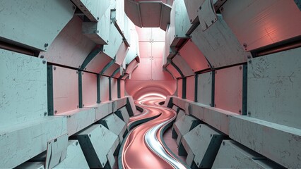 Fototapeta premium Futuristic corridor, glowing pink light, geometric shapes. Metallic textures create depth, perspective draws viewer inward. Minimalist design.