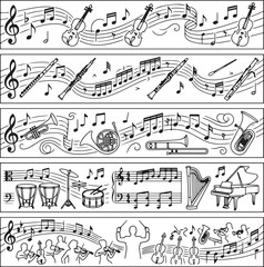 Fototapeta premium Music notes, musical instruments, vector illustrations, sheet music, black and white