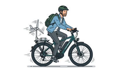 Man commuting on electric bike with wind turbine attachment. © alex
