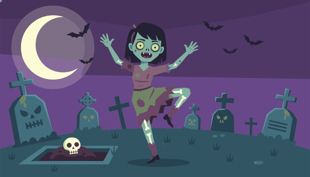 Cute zombie girl with green skin and skeletal details dancing happily in a spooky cemetery under a crescent moon.