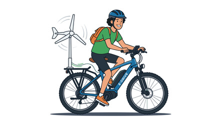 Boy riding electric bicycle with mounted wind turbine. © alex
