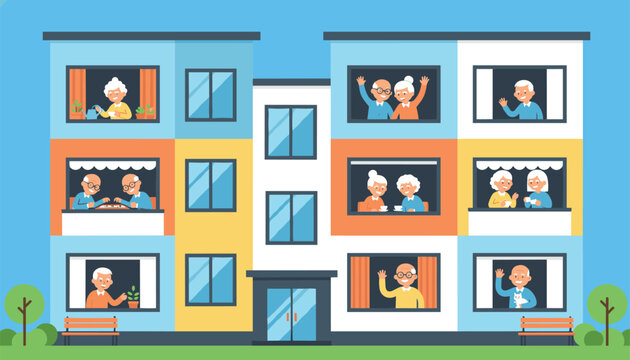 Colorful apartment building windows showing different elderly residents waving, drinking tea, and watering plants.