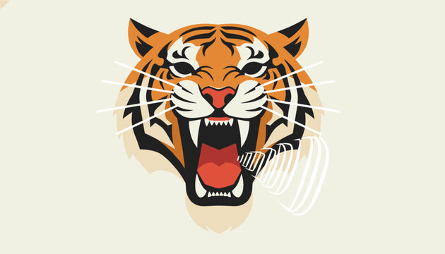 Powerful digital illustration of a roaring tiger head with open mouth showing sharp teeth on a light background.