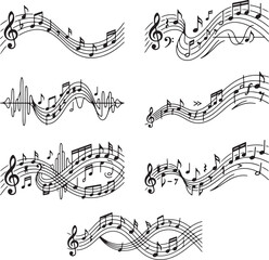 Fototapeta premium Music notes, sheet music, melody icons, vector notes, musical symbols, wave lines