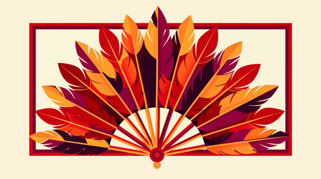 colorful feather fan with red border