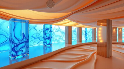 Fototapeta premium Abstract interior. Curving walls, blue liquid columns, warm lighting create surreal space. Smooth textures dominate design.