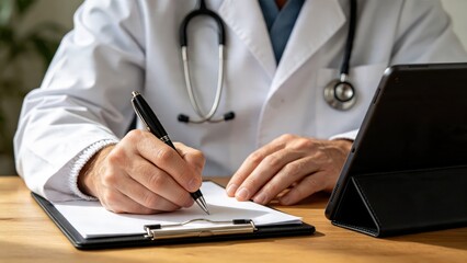 Fototapeta premium Doctor in white coat writing medical prescription on clipboard with pen, using digital tablet for patient records, healthcare, medicine, diagnosis